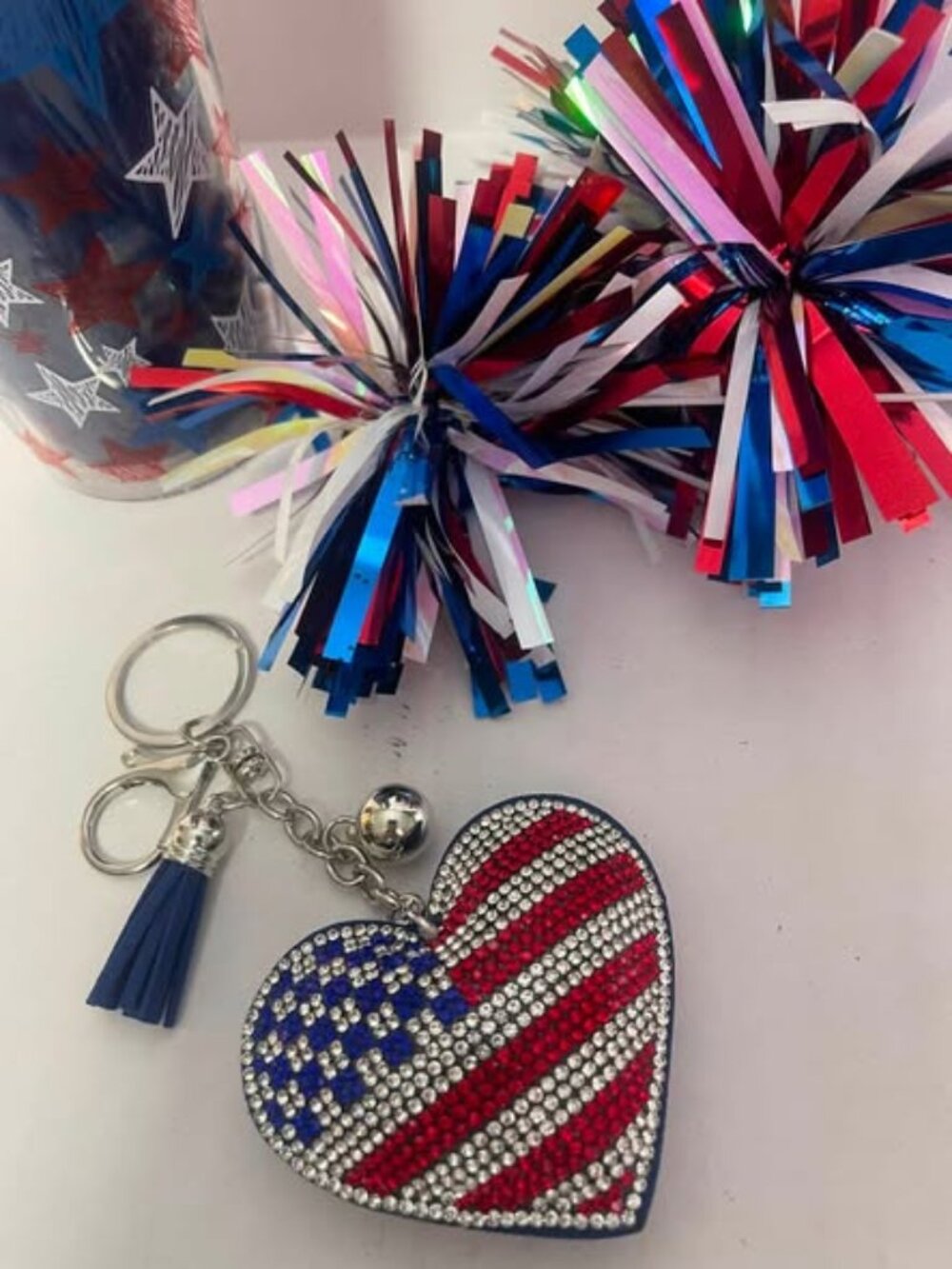 USA Flag Rhinestone Heart Keychain- Crystal Patriotic Purse Charm Red White Blue